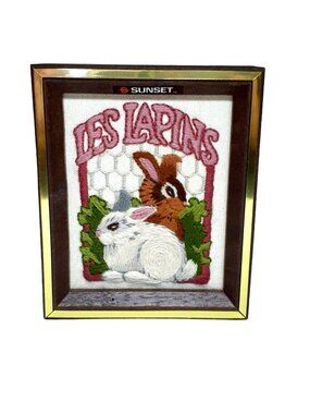 Vtg 1982 Sunset Les Lapins Crewel French The Rabbits 5" x 6" Completed Framed